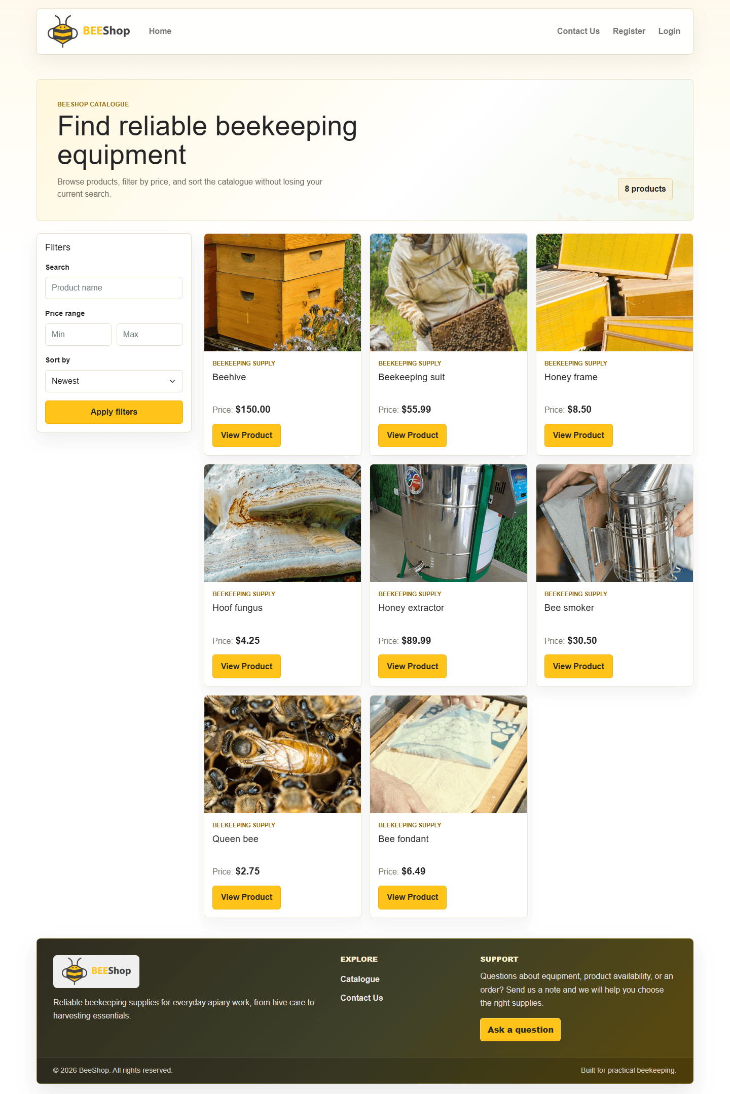 BeeShop online store interface scrolling through the product catalog