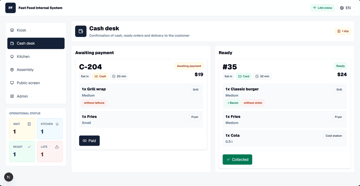 Fast food internal software interface for orders, cashier, kitchen and stock management