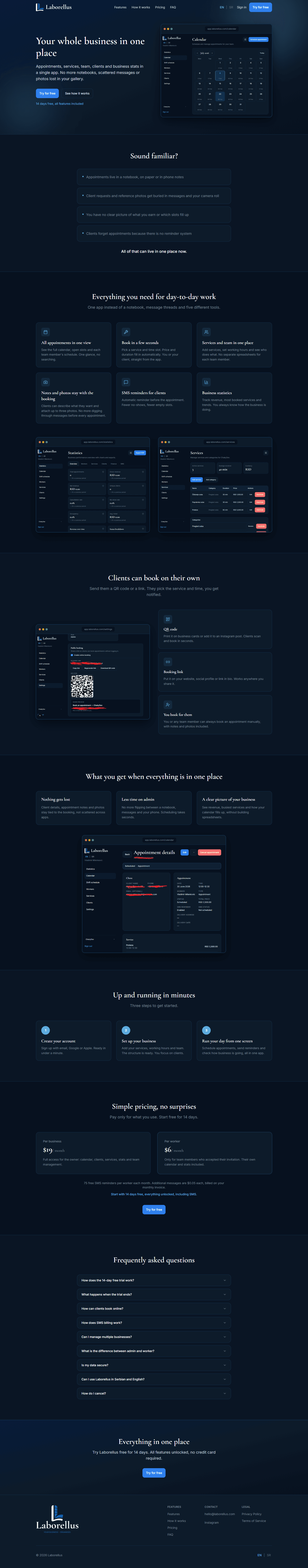 Laborellus English website scrolling through the revealed appointment scheduling, features, pricing and FAQ sections