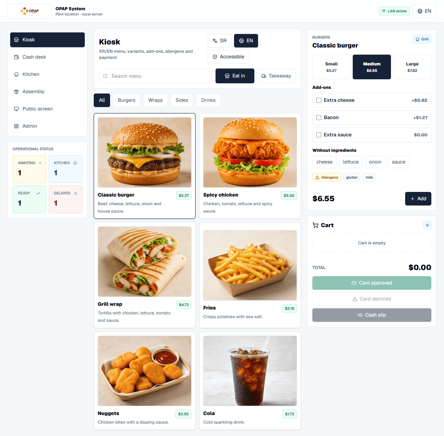 OPAP System kiosk interface scrolling through menu products, variants, add-ons and cart controls